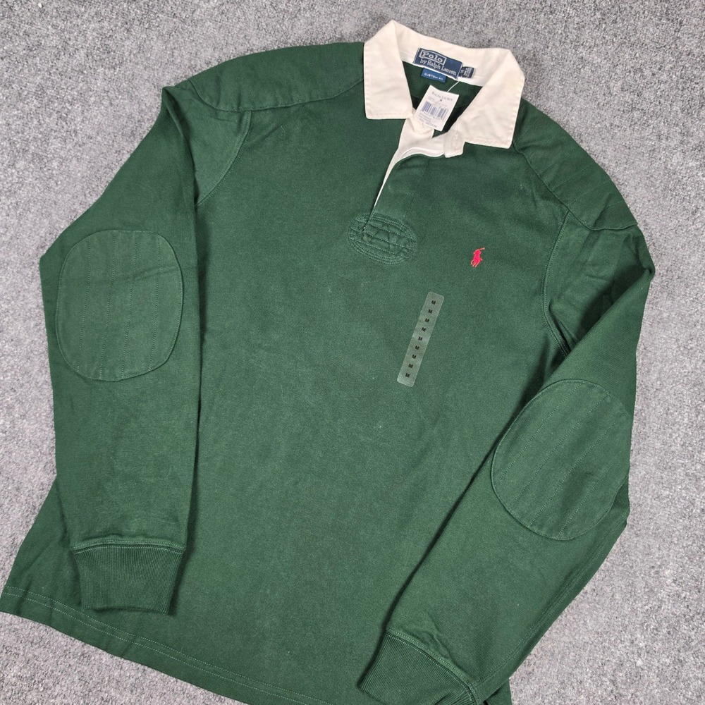Polo Ralph Lauren Rugby Shirt Mens Medium Green Long Sleeve Elbow Patch NWT